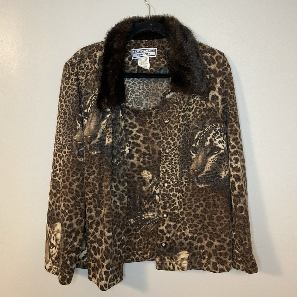 Jessica Howard Animal Print Cardigan Size Petite 20 Wool Blend Leopard EUC